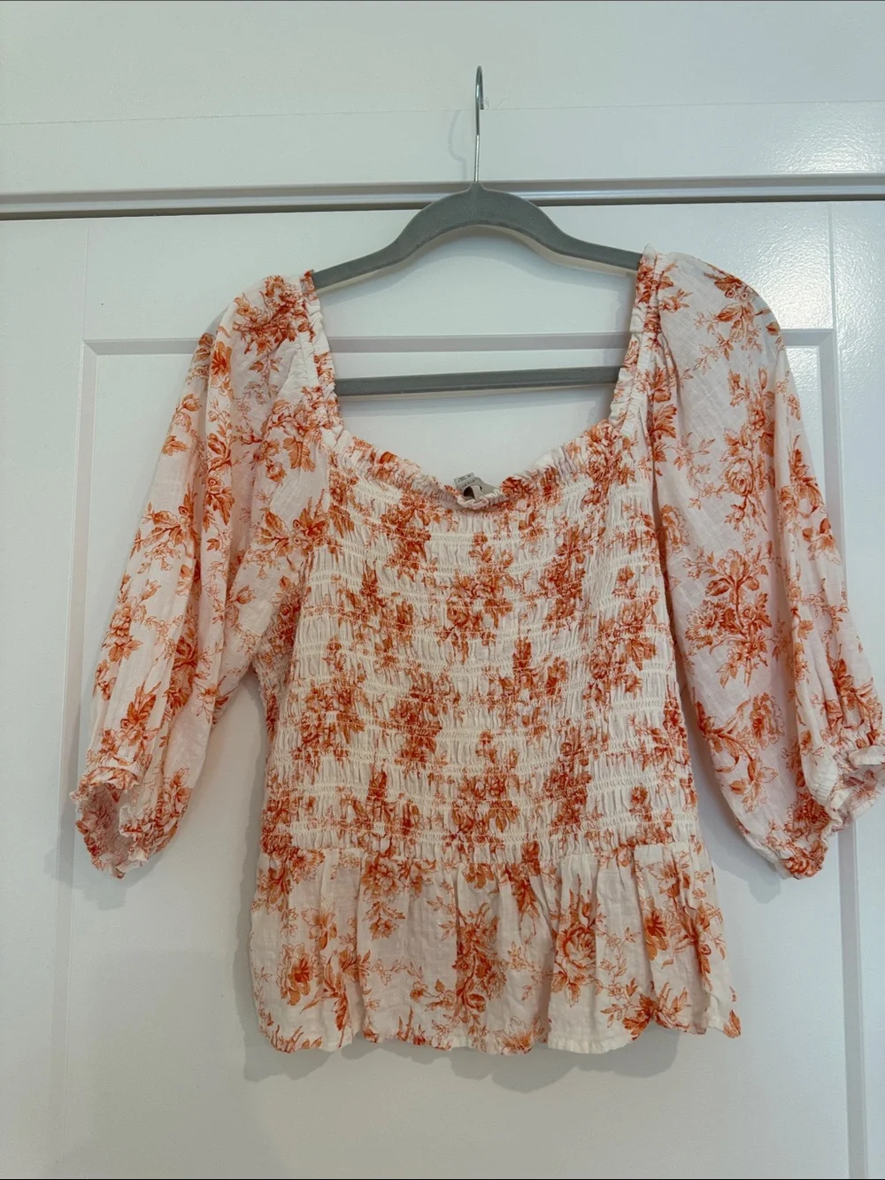 LOFT White Peasant Blouse with Rust Floral Print